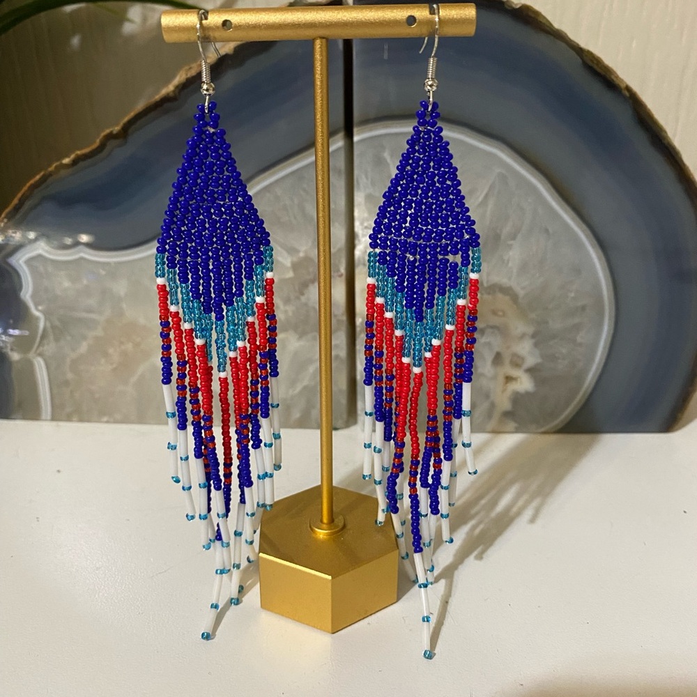 Handcrafted Beaded Earrings - Blue, Red, and White